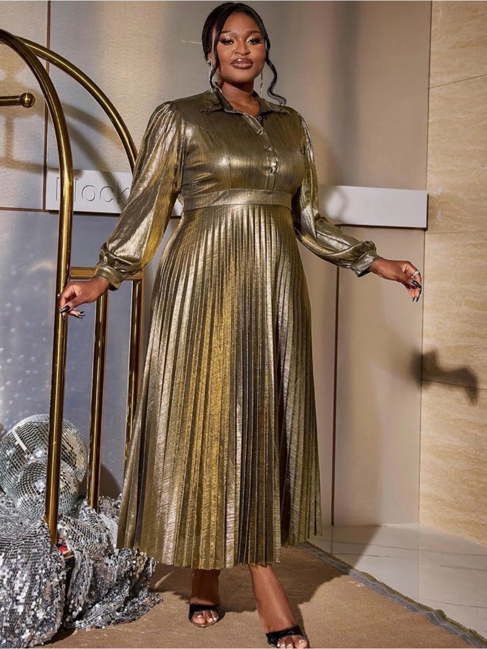 AOMEI Women’s Metallic Gold Pleated Maxi Dress 4XL Collared Long Sleeve Glam